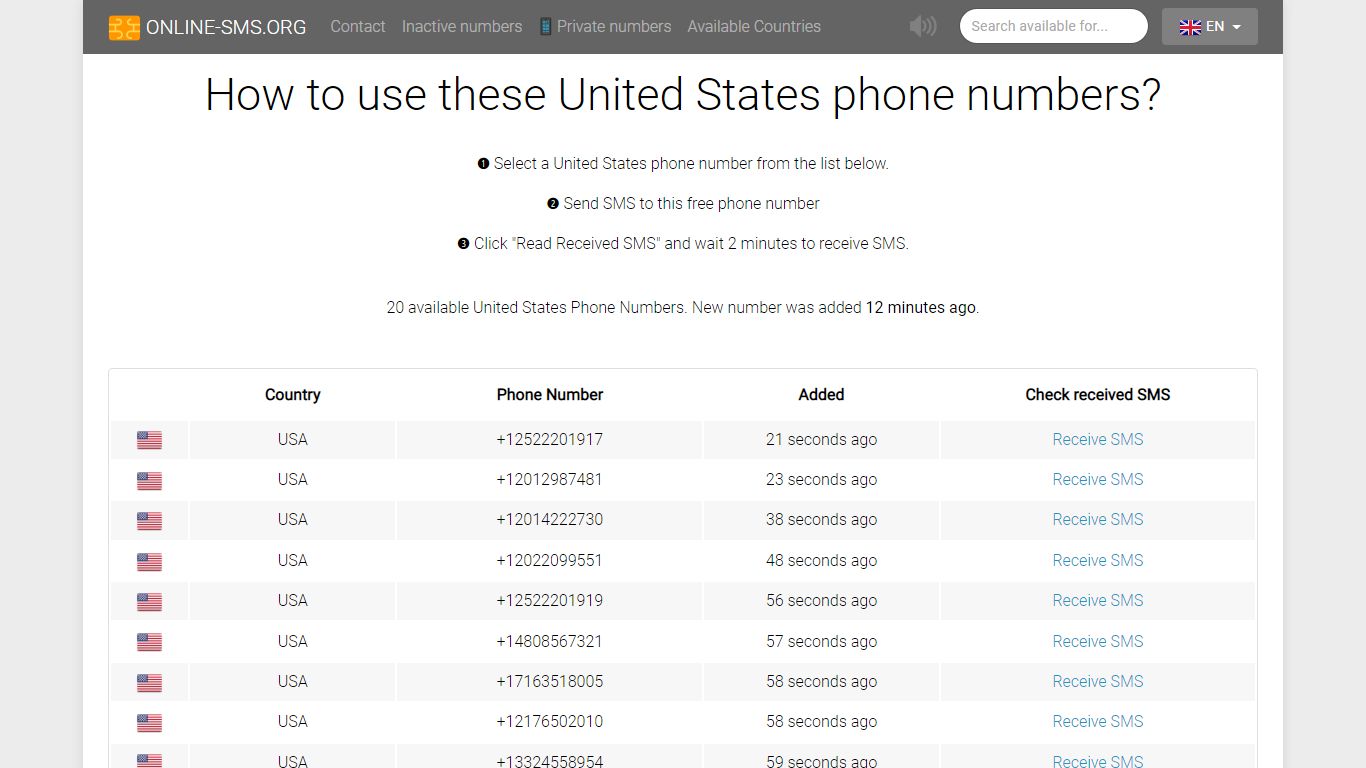 Receive Free SMS Online for United States 7 numbers are ready to ...